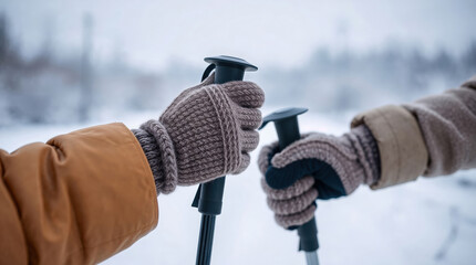 Hikers are enjoying a snowy winter landscape, holding trekking poles for support and balance