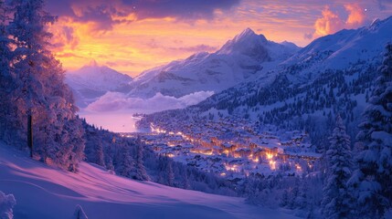 Saint Moritz's snowy landscape with the sky transitioning into a vibrant dusk, creating a magical atmosphere over the town and surrounding mountains
