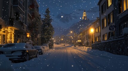 Fototapeta premium Snow-covered streets of Saint Moritz, bathed in the soft glow of yellow lights, capturing the charm and warmth of a peaceful winter evening in the Alps