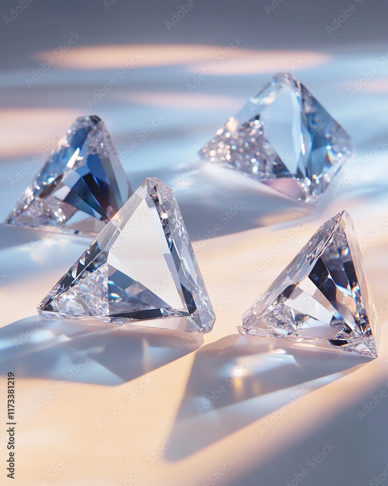 Aufkleber Four triangular diamonds sparkle on a light surface, illuminated by soft light.
