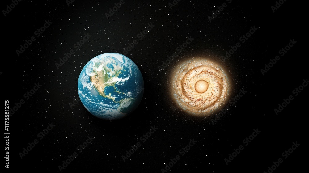 Poster a composite image of earth from space with a superimposed image of a spiral galaxy, highlighting the
