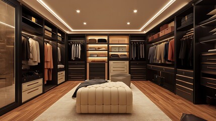 Naklejka premium Shared closet with separate sections for him and her, featuring coordinated storage solutions