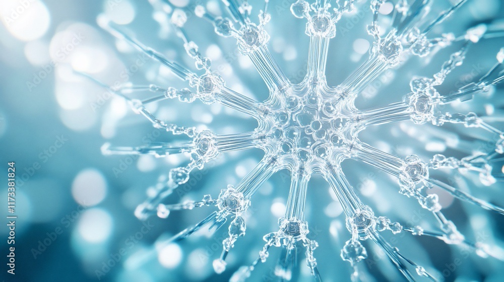 Aufkleber Microscopic view of a complex, translucent structure resembling a snowflake or neural network against a bokeh background.