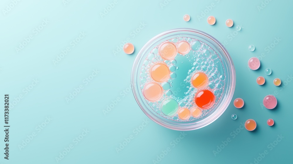 Poster a top-down view of a petri dish filled with colorful liquids reacting and creating intricate pattern