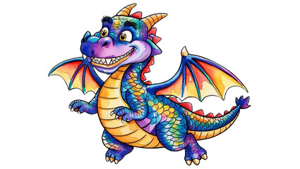 A vibrant rainbow dragon, playfully posed against a stark black background. Its scales shimmer with magical hues, exuding joy and wonder.