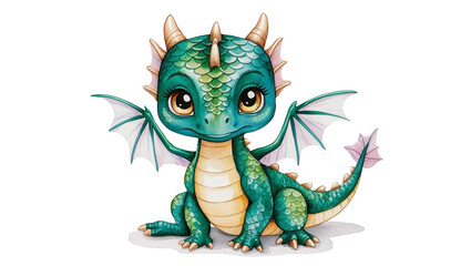 Fototapeta premium Adorable baby dragon, teal scales, big eyes, tiny wings, sitting. Watercolor style, fantasy art.
