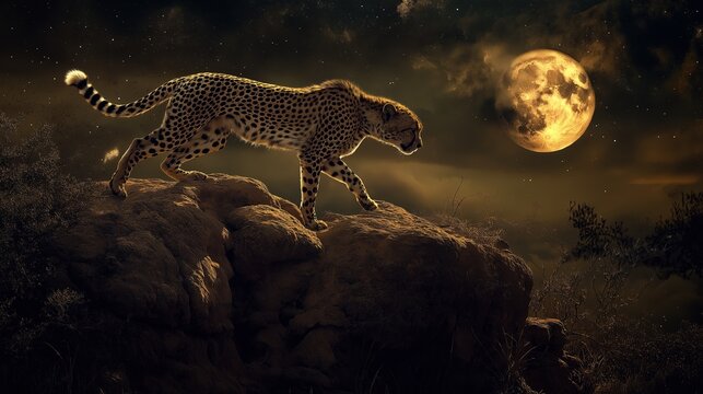 A cheetah is walking on a rock in the dark