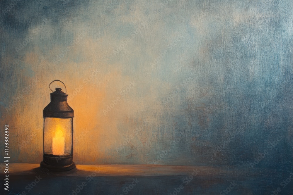 Poster a serene lantern casting warm light against a tranquil backdrop, creating a peaceful and calming atm