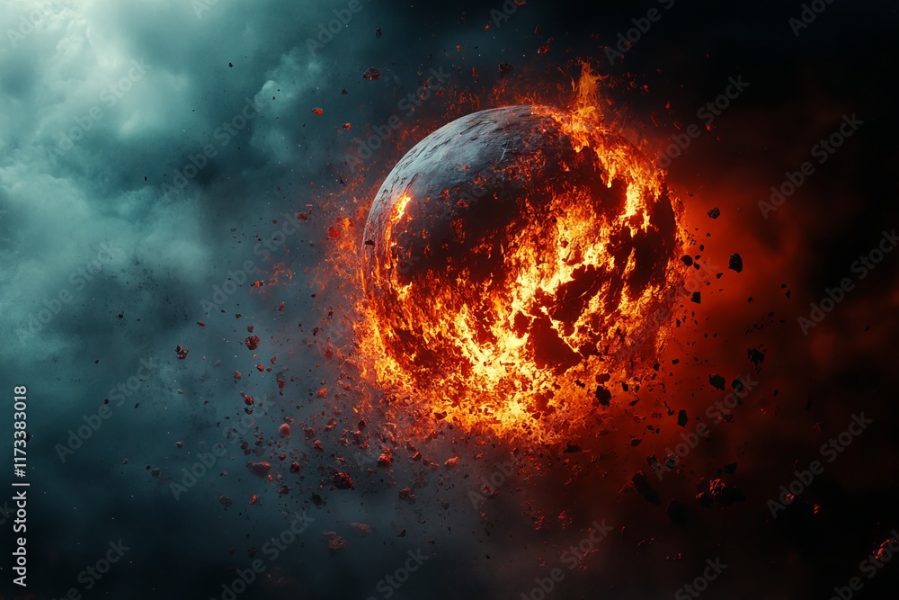 Poster fiery planet exploding in a cosmic display against a dark, stormy background