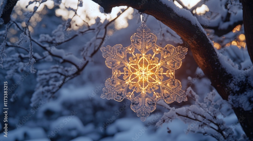 Aufkleber the elegance of a glowing snowflake with intricate patterns, set against a snowy twilight backdrop, 