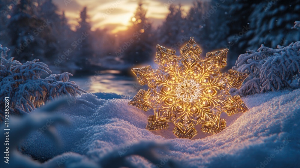 Aufkleber the elegance of a glowing snowflake with intricate patterns, set against a snowy twilight backdrop, 