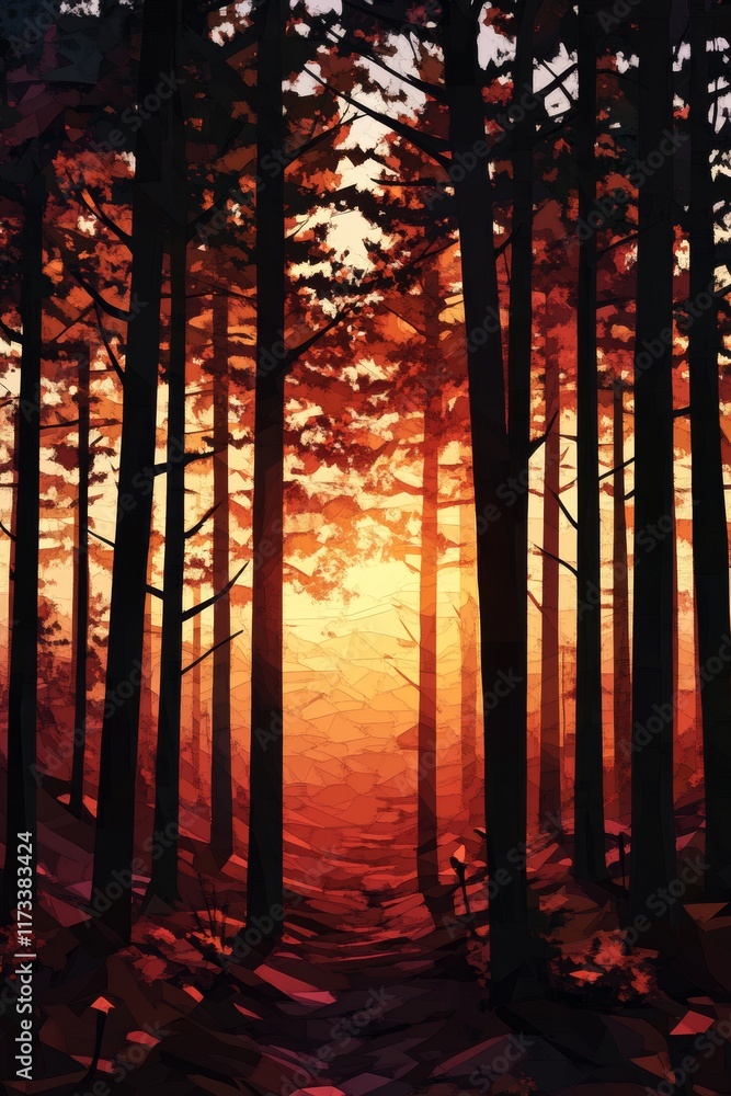 Poster a forest with trees in the foreground and background. the trees are orange and the sun is setting
