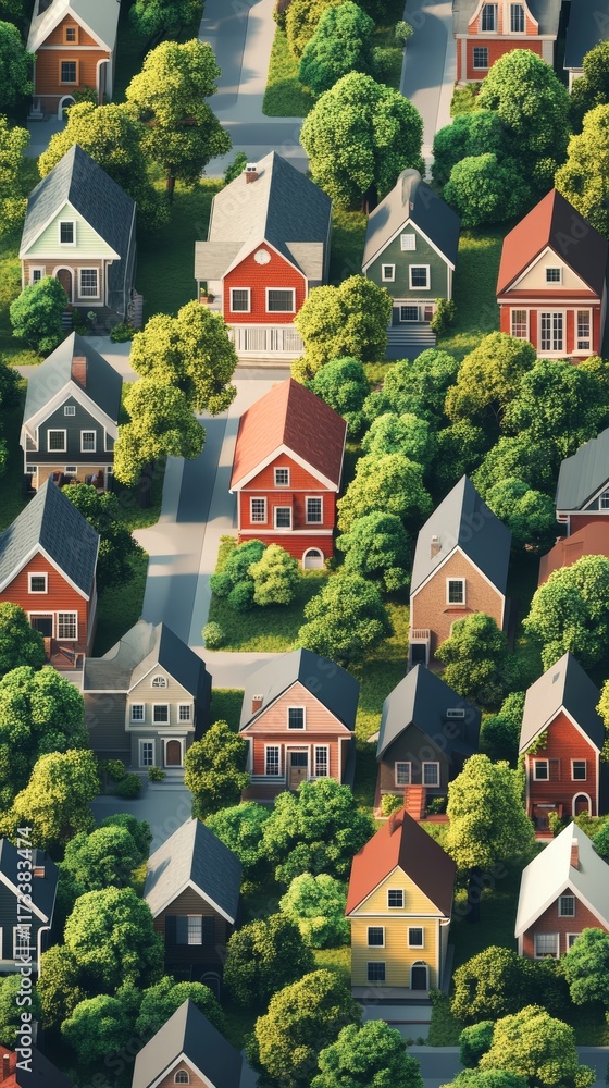 Poster a row of houses with a green background. the houses are of different colors and sizes. the houses ar