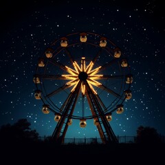 A large Ferris wheel is lit up in the dark, with the stars in the background. Scene is one of wonder and excitement, as the Ferris wheel stands out against the dark sky