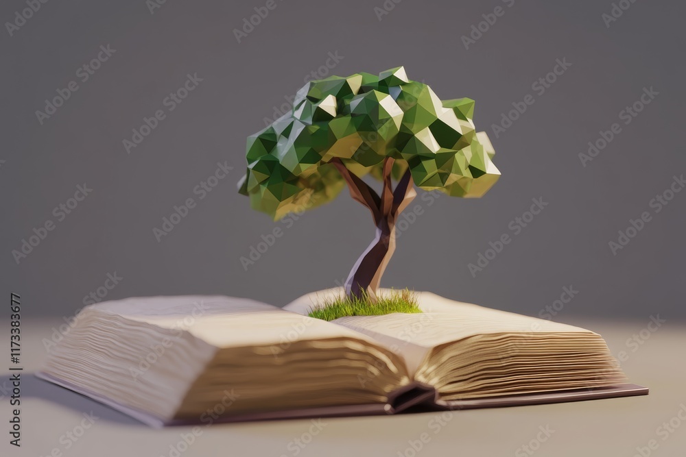 Poster a tree is placed on top of an open book. the tree is made of paper and he is a 3d model. the book is