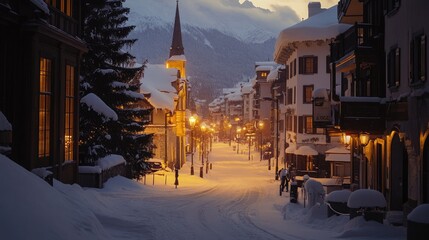 Fototapeta premium The snowy streets of Saint Moritz at dusk, bathed in warm yellow lights that create a magical and inviting winter scene perfect for capturing holiday warmth