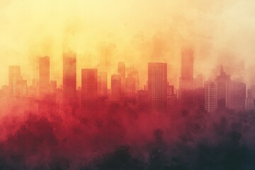 City skyline shrouded in fog and orange hues at sunrise creating a dramatic atmosphere