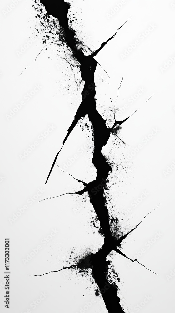 Poster a striking abstract image featuring a bold black crack on a pristine white surface, showcasing a dyn