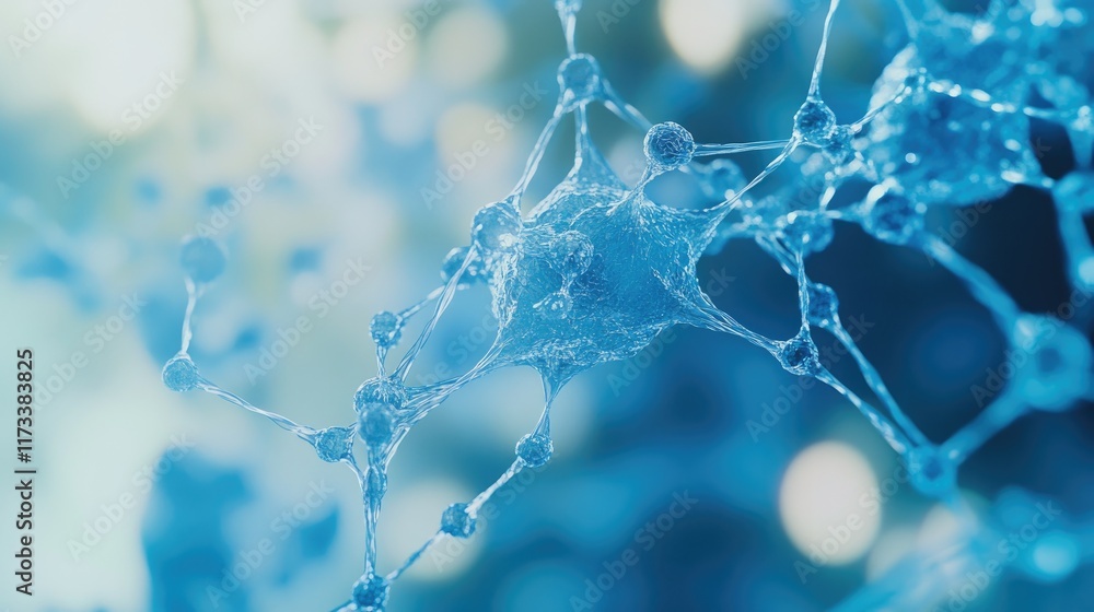 Poster transparent blue cells in a scientific close-up, softly illuminated with a creamy blurred backdrop, 