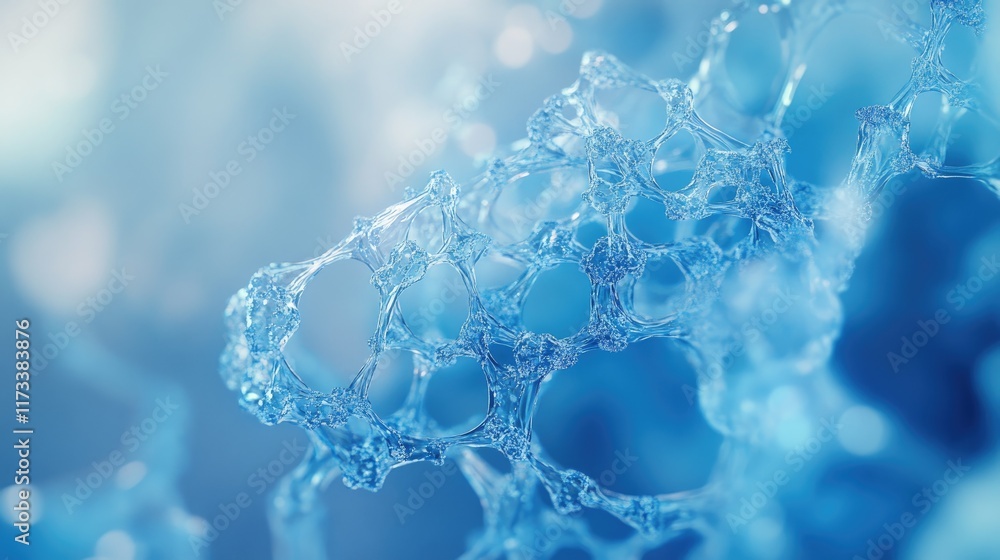 Poster transparent blue cells in a scientific close-up, softly illuminated with a creamy blurred backdrop, 