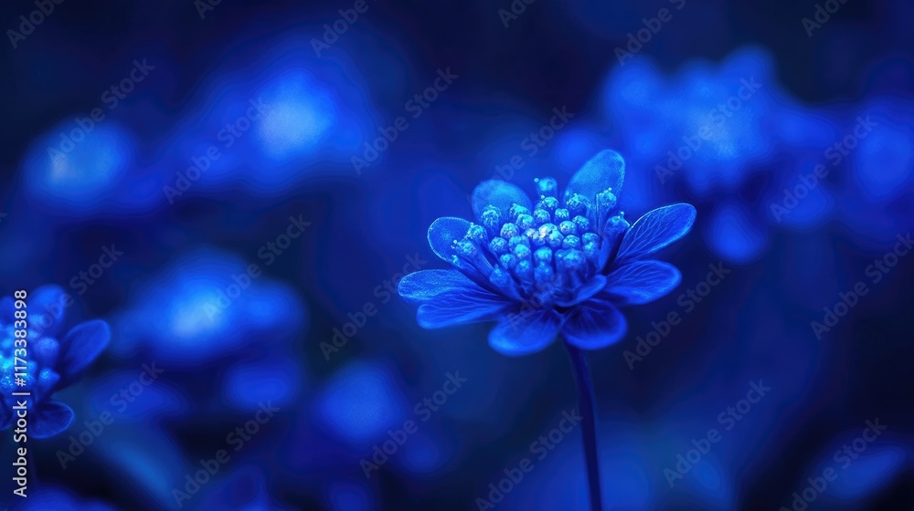 Poster vibrant blue spherical cells glowing softly, captured in a detailed macro shot against a blurred bac