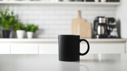 Obraz premium Black coffee mug on a white kitchen counter with plants and kitchen appliances in a modern, minimalist setting.