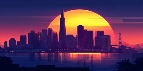 Fototapeta premium A breathtaking view of a city skyline at sunset, featuring a prominent bridge and vibrant colors reflecting on the water.