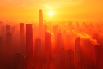 Fototapeta premium Sunrise over a sprawling city skyline enveloped in orange hues and soft misty atmosphere