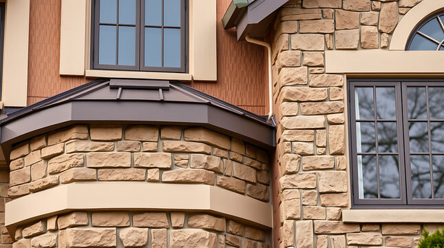 Close-up view of a house exterior featuring tan stonework, brown window frames, and a dark brown metal roof detail on a bay window.  The building has a blend of stone and stucco siding.