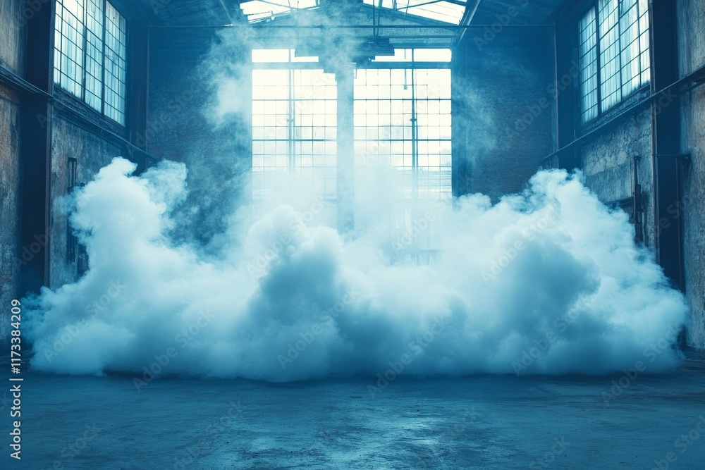 Poster mist billows inside an abandoned warehouse creating a mysterious atmosphere during daylight hours