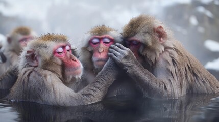 Naklejka premium Three monkeys relaxing together in warm water, showcasing social bonding and comfort.