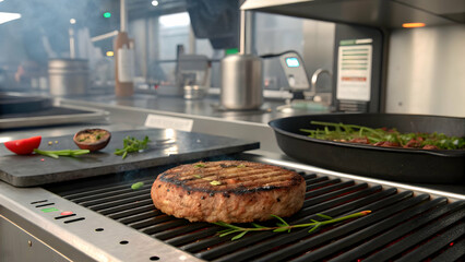 Grilling Juicy Patty with Fresh Vegetables in Modern Kitchen Setting