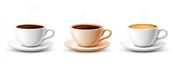 Three steaming cups of coffee, potentially espresso, americano, and cappuccino, resting on matching saucers