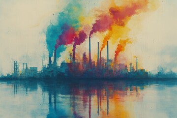 Colorful industrial landscape with vibrant smoke rising from factories over calm water at dusk