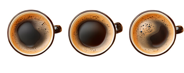 Three cups of coffee, seen from above, showing different levels of foam and crema, isolated on transparent background