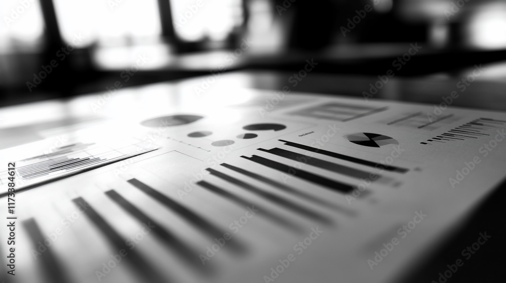 Poster Close-up of grayscale financial charts and graphs on a table.