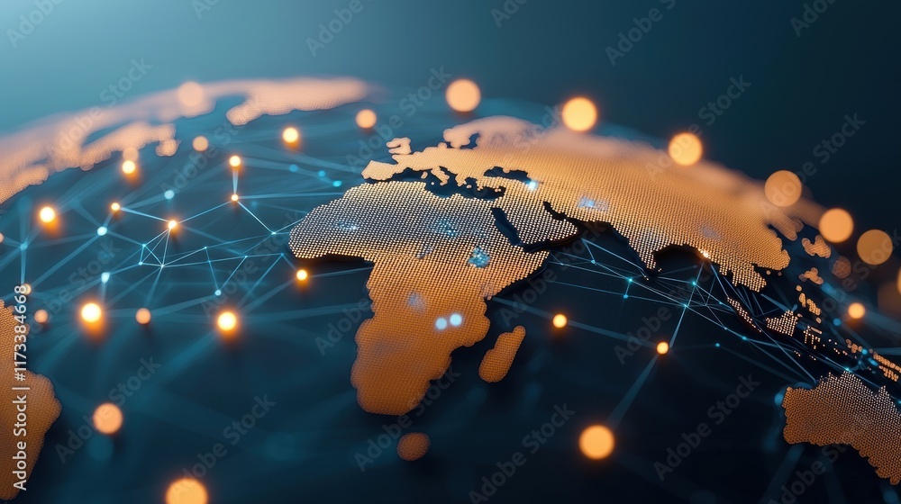 Poster a world map formed by glowing digital grids and data streams, representing global connectivity and t