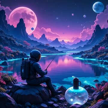 Astronaut fishing in a lake made of neon liquid on an alien planet, with a thermos of coffee beside them