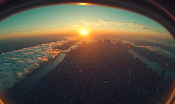 Fototapeta Stunning aerial view of new york city skyline during a vibrant sunset, seen from an airplane window, with a layer of clouds adding a touch of magic