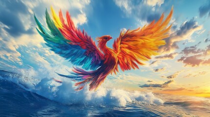 Obraz premium A multicolored phoenix rising from a sea, symbolizing rebirth and the power of creative imagination.