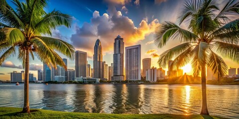 Miami Skyline, Palm Trees & Bay: Stunning Afternoon Sun, South Florida Cityscape