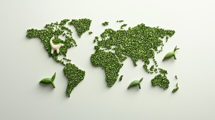 An artistic world map with continents shaped like animals or natural elements, reflecting a creative and imaginative perspective.