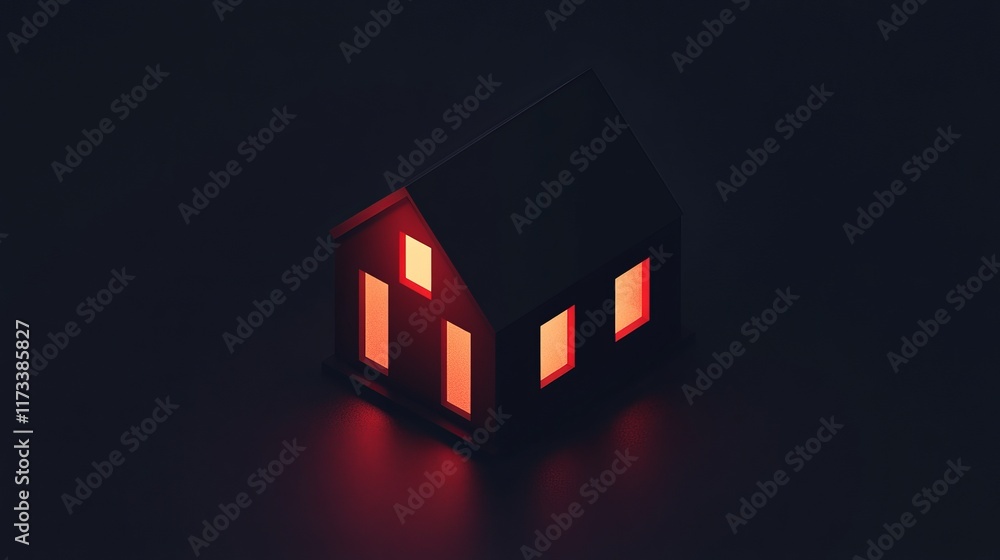 Poster a minimalist model house with glowing windows, set against a dark background, creating a warm and in