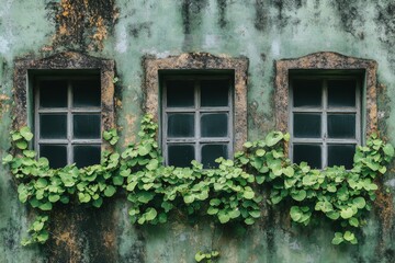 Green vines cascade over three vintage windows on an aged stone building in a serene outdoor setting