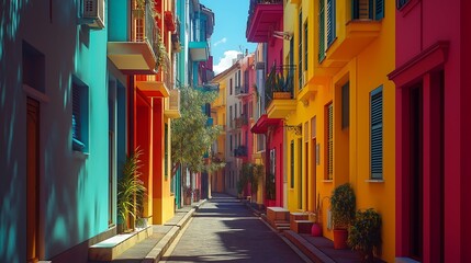 Fototapeta premium Brightly colored city streets where buildings shift and change hues, visualizing an imaginative urban landscape.