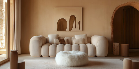 Interior design of modern living room with stucco beige walls, a tufted sofa, abstract wall art and armchair 