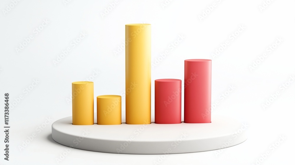 Poster 3D rendered bar graph showing growth and decline, yellow and red columns on a white platform.
