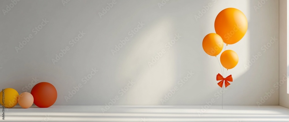 Poster three orange balloons with a red bow and three smaller balls on a white surface against a white wall