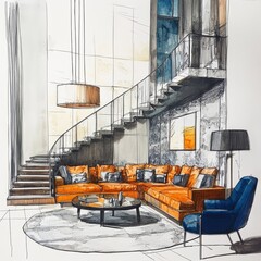 A drawing of a living room with a blue chair and a red couch