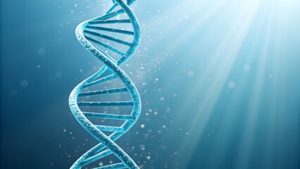 Abstract Blue DNA Helix Structure with Light Rays and Sparkles